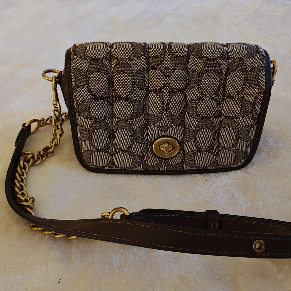 Coach Brown Patterned Crossbody Bag with Gold Chain